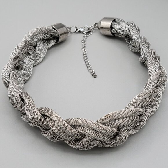 Chunky Mesh Braided Twisted Choker Necklace Silver Tone Metal 14" Length - Picture 4 of 7